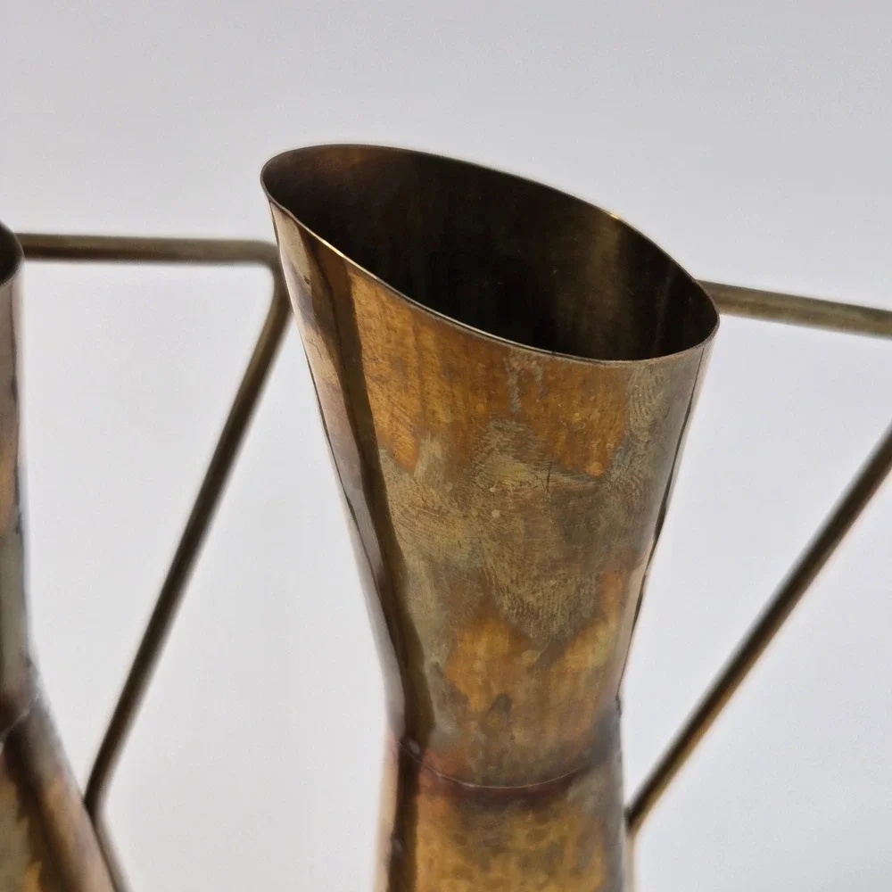 Vintage Hammered Brass Pitcher Pair Mid Century Modern Decorative Vases 7.5in
